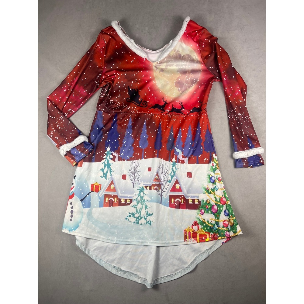 Christmas Holiday Village Scene High Low Dress Red Faux Fur Trim Large